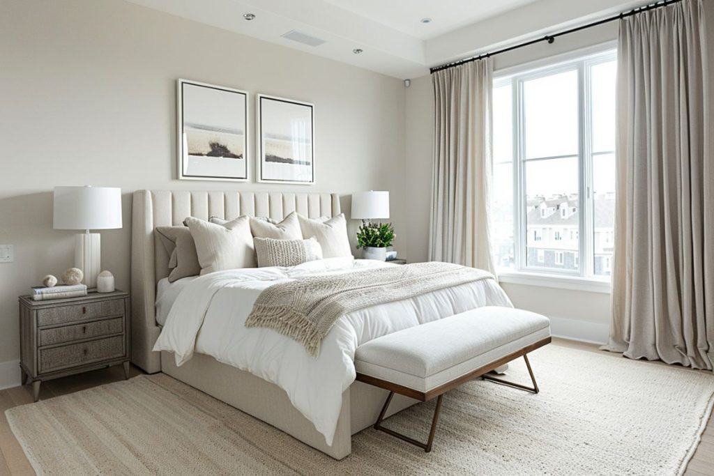 A modern hotel vibe bedroom with a beige bed, cozy white bedding, and a light throw blanket. The room is brightened by natural light through large windows and includes neutral-toned decor.