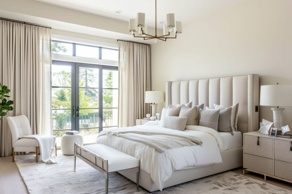 A bright hotel vibe bedroom featuring a large beige upholstered bed with multiple white and beige pillows. The room has large windows with light curtains, a bench at the foot of the bed, and modern decor.