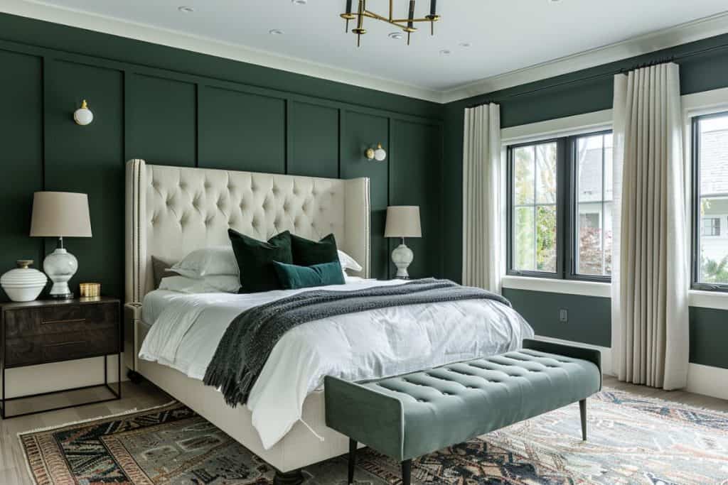 A sophisticated hotel vibe bedroom with a deep green accent wall, a tufted beige bed, and dark green pillows. The room includes a matching green bench, stylish nightstands, and elegant lighting.