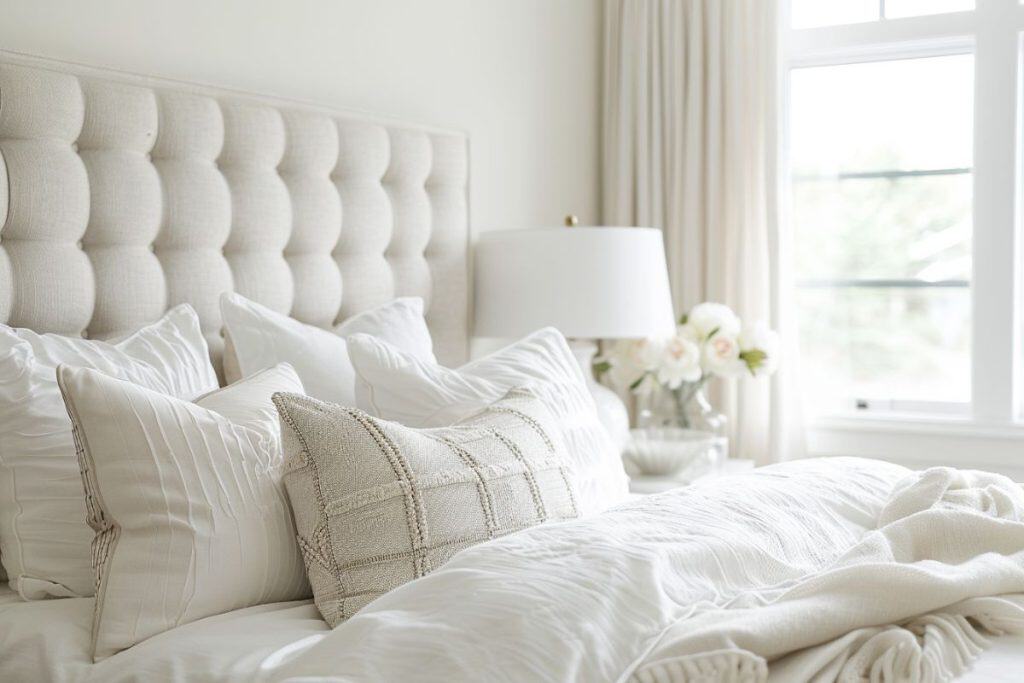 A serene hotel vibe bedroom showcasing a beige tufted headboard bed with white bedding and various white pillows. Natural light streams in through large windows with light curtains, and a vase of white flowers decorates the bedside table.