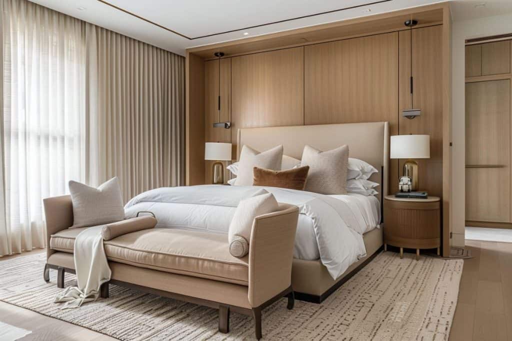 A modern hotel vibe bedroom with a beige bed, accented by beige and brown pillows, and a beige bench at the foot. The room features sleek nightstands, contemporary lighting, and large windows with light curtains.