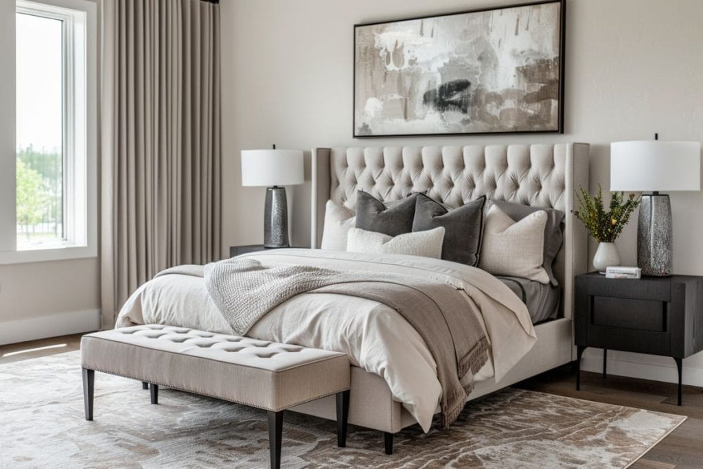 A sophisticated hotel vibe bedroom with a tufted beige bed, gray and white pillows, and a gray throw blanket. Two contemporary nightstands with stylish lamps sit on either side, and a large abstract painting decorates the wall above the bed.