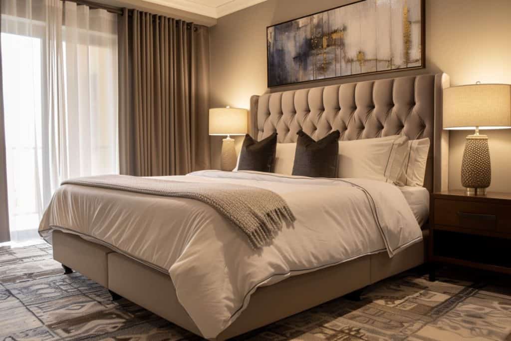 A cozy hotel vibe bedroom showcasing a tufted headboard bed, dressed in white linens and dark accent pillows. Two textured lamps on wooden nightstands provide warm lighting, with an abstract painting hanging above the bed.