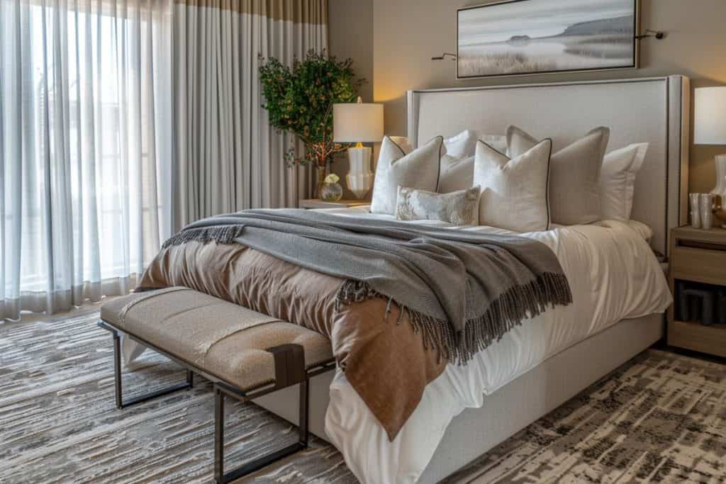 A stylish hotel vibe bedroom featuring a bed with a beige headboard, topped with white and beige pillows and a layered gray throw blanket. A large framed landscape photo hangs above the bed, and light curtains filter in natural light.