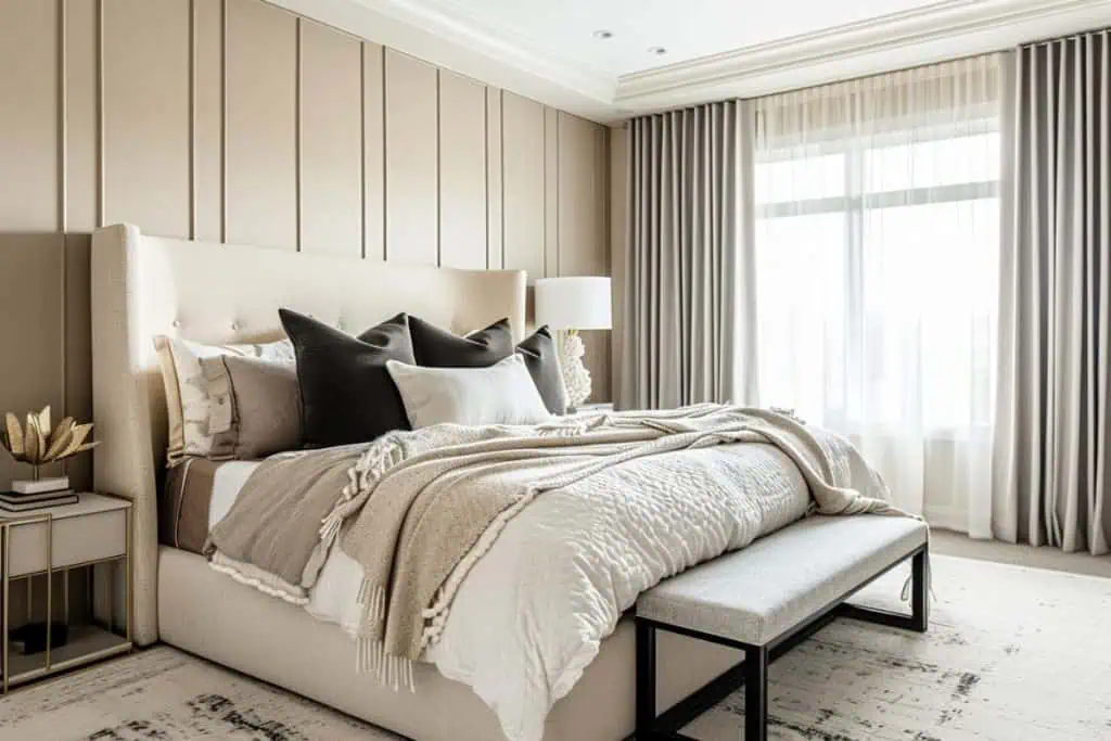 An elegant hotel vibe bedroom with a light beige bed featuring dark and light pillows, covered in a cozy beige throw. The room includes a bench at the foot of the bed, light-colored curtains, and soft, natural light coming through a large window.