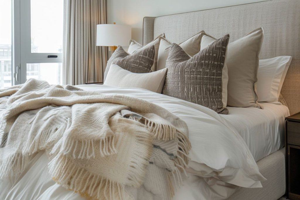 A serene hotel vibe bedroom with a beige upholstered bed, cream and beige pillows, and a fluffy white comforter with a textured beige blanket. The room is decorated with botanical prints and soft natural light coming through sheer curtains.