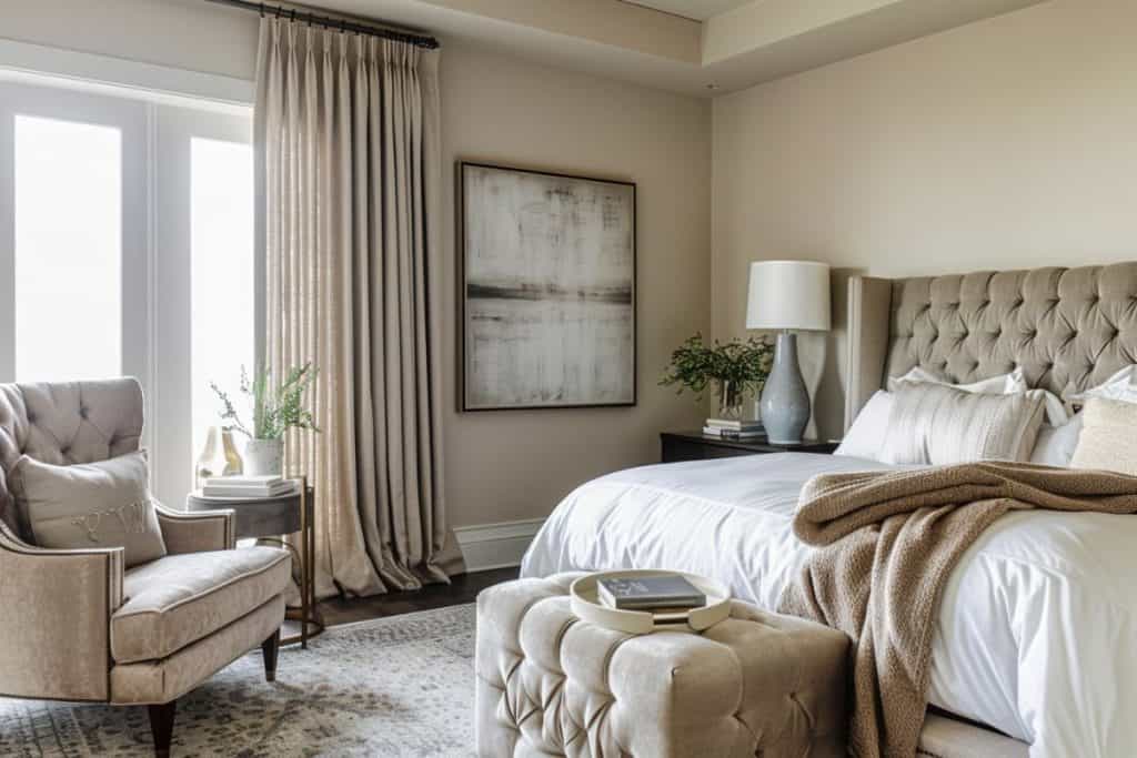 A chic hotel vibe bedroom with a light beige bed, adorned with cream pillows and a beige throw. The room includes a bench at the foot of the bed, light-colored curtains, and soft, natural light coming through a large window.