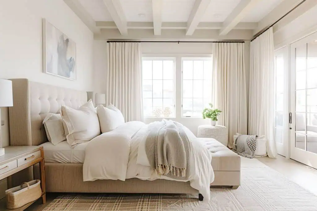 A bright hotel vibe bedroom with a tufted beige bed, white bedding, and accent pillows. Light floods the room through large windows, and the decor includes a beige throw blanket and light curtains.