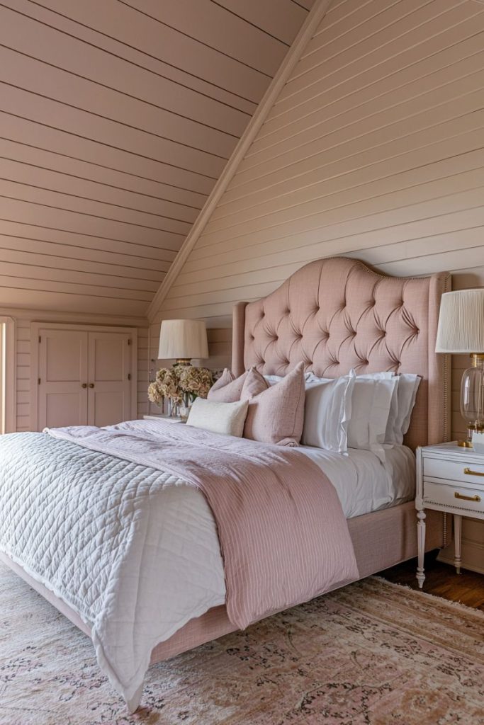 A bedroom drenched in soft pink hues, with a tufted blush headboard, layered bedding, and vintage-inspired details like nightstands and lamps for a romantic aesthetic.