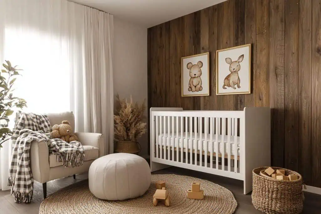 A cozy nursery with dark wood flooring and white curtains. A white crib is paired with natural accents like a woven rug, wicker baskets, and framed illustrations of baby animals on the wood-paneled wall.