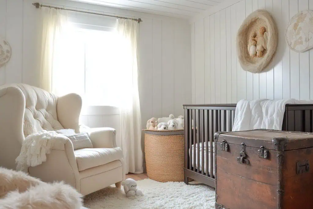 A bright nursery featuring white shiplap walls and a tufted cream armchair draped with a soft blanket. A dark wooden crib is complemented by a wicker basket filled with plush animals, while decorative hanging art adds texture.