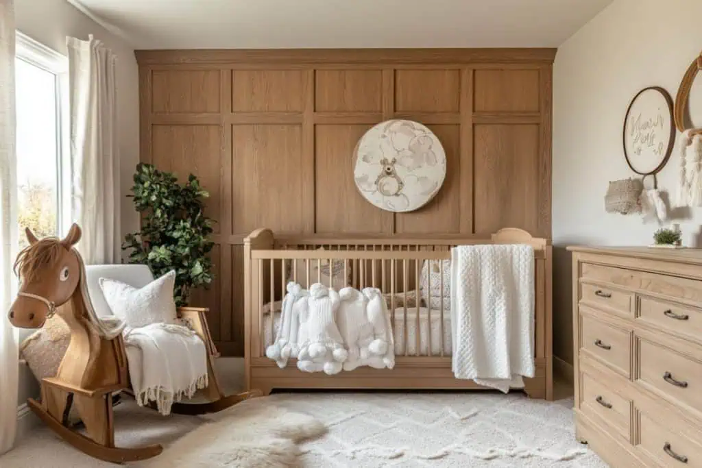 A warm-toned nursery with a wooden rocking horse next to a cream armchair. The crib has chunky knit blankets, and the back wall is decorated with wood paneling and soft, nature-inspired wall art.