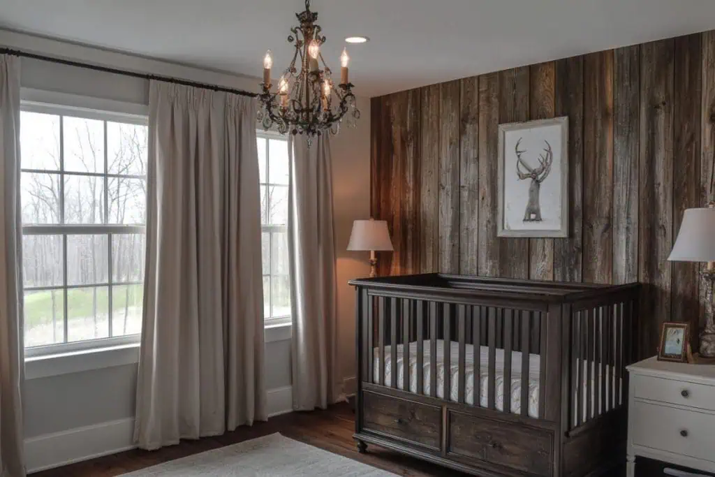 A rustic nursery with a dark wood crib set against a reclaimed wood accent wall. A chandelier adds charm, and a window with cream curtains brings in soft natural light. A framed deer illustration adds a touch of wilderness.