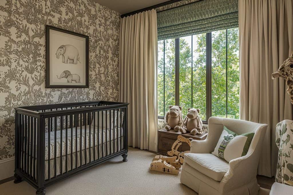 A cozy girl nursery featuring a black crib with patterned bedding, elephant wall art, and floral wallpaper. A soft armchair and plush animal toys add charm near a large window with elegant drapery.