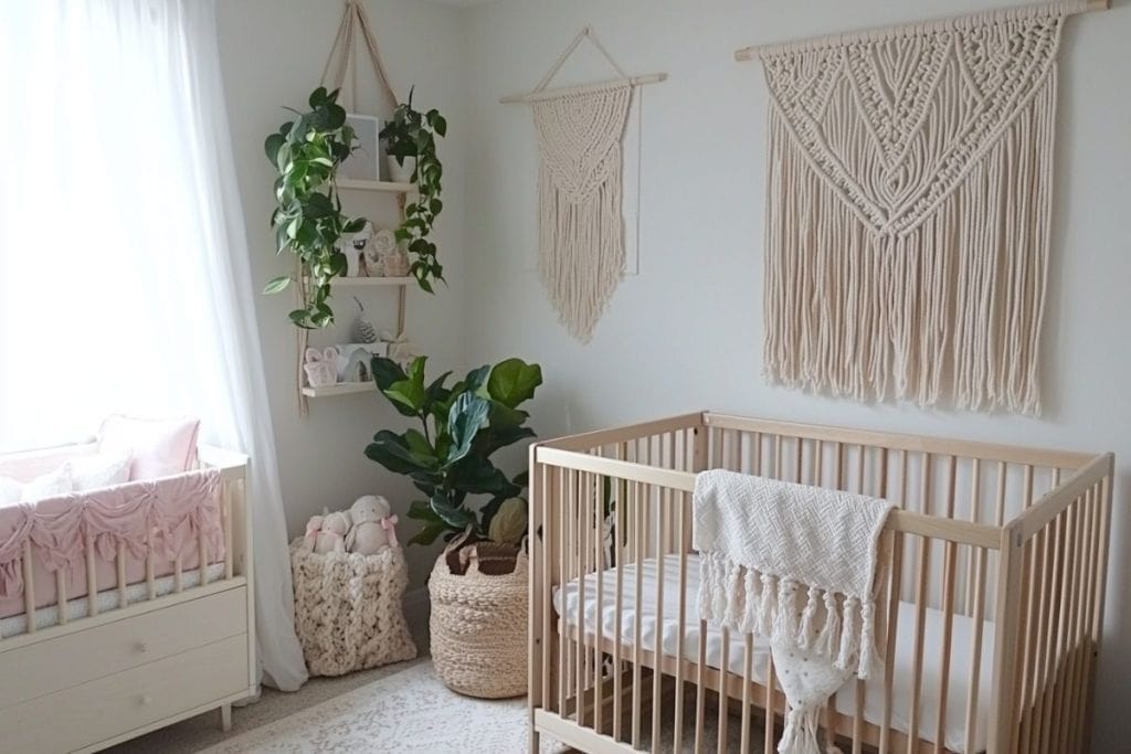 A classic girl nursery with a wooden crib, blush pink bedding, and shiplap walls. The room is accented by greenery, minimalist decor, and soft natural light.