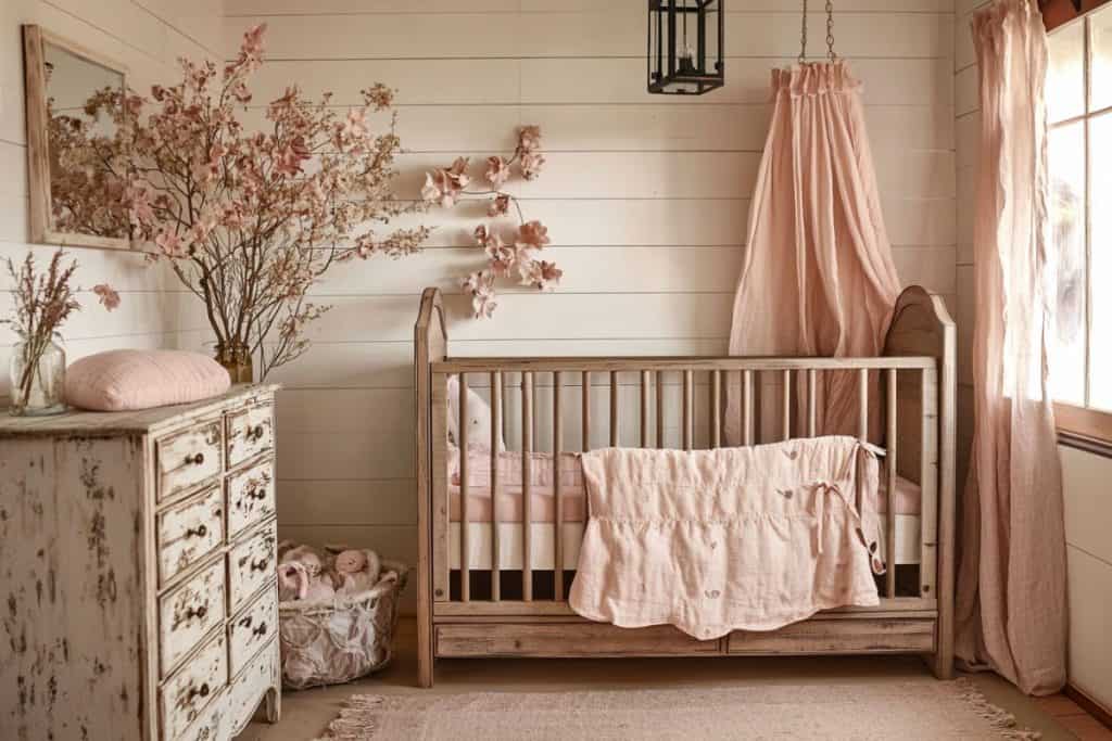 A rustic girl nursery with a wooden crib draped in a soft pink canopy and matching bedding. The space is adorned with pink blossoms, distressed furniture, and warm lighting for a serene atmosphere.