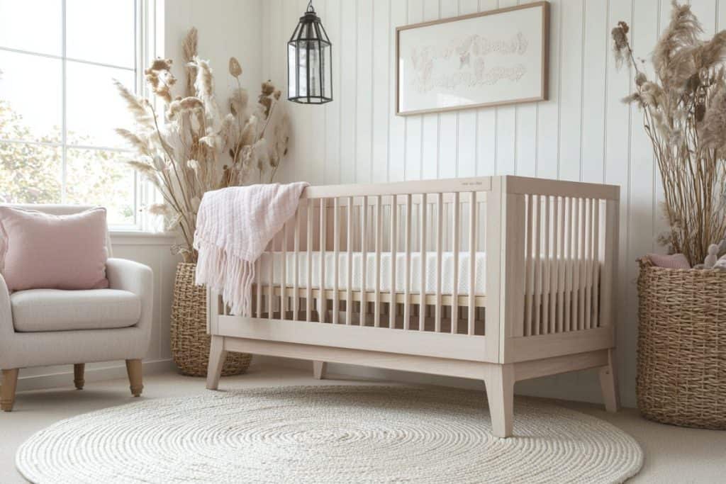 A minimalistic girl nursery showcasing a light wood crib with pale pink bedding, a white armchair, and woven baskets. Pampas grass and soft lighting complete the airy, neutral design.