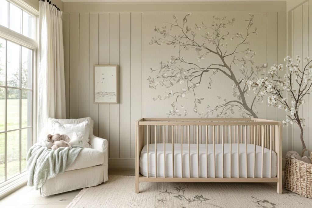 A nature-inspired girl nursery with a beige crib and a mural of a delicate tree branch. A plush chair with a blanket and stuffed animals completes the serene setup near a large window.