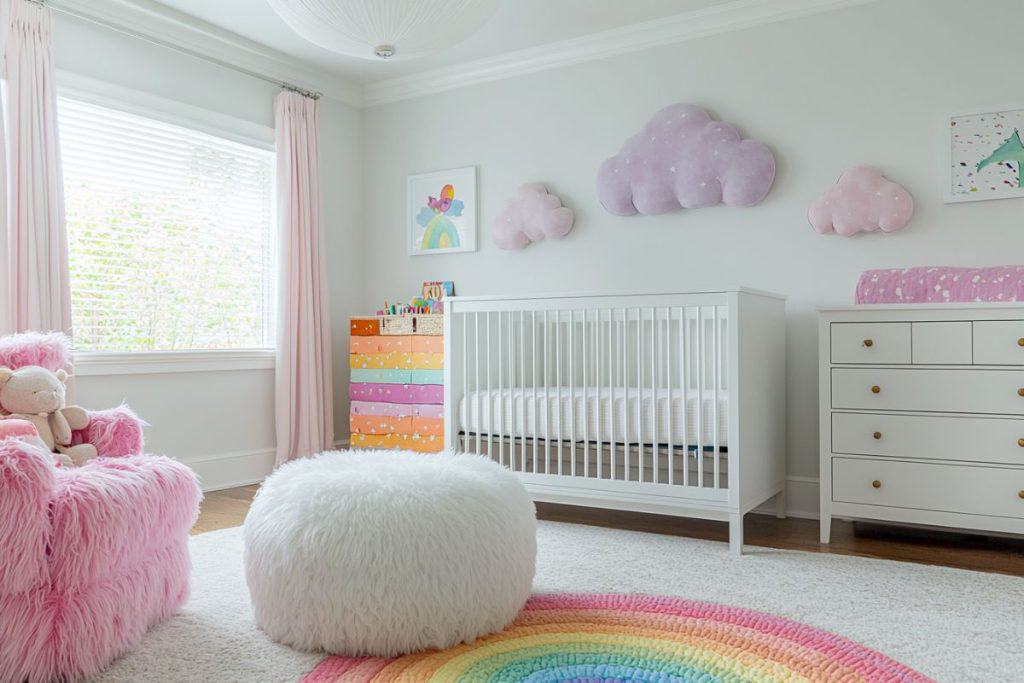 A playful girl nursery with a rainbow rug, a white crib, and pastel-colored cloud wall decor. A fluffy pink chair and colorful storage drawers brighten the cheerful room.