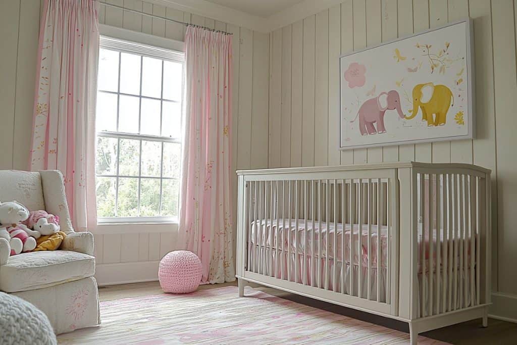 A soft pink girl nursery with a white crib, pastel pink bedding, and charming elephant artwork on the wall. The room features matching curtains and playful accents like a pink pouf.