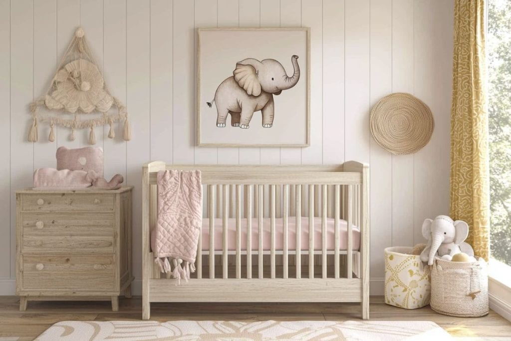 A modern girl nursery featuring a light wood crib with a pink quilt, soft beige accents, and elephant decor. A yellow curtain adds warmth to the airy, bright space.