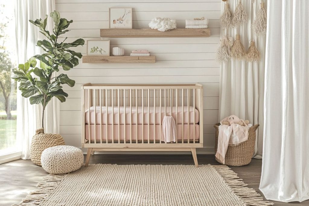 A boho-inspired girl nursery with macramƩ wall hangings, a natural wood crib, and hanging plants. Woven baskets and a neutral color palette add to the serene, earthy vibe.
