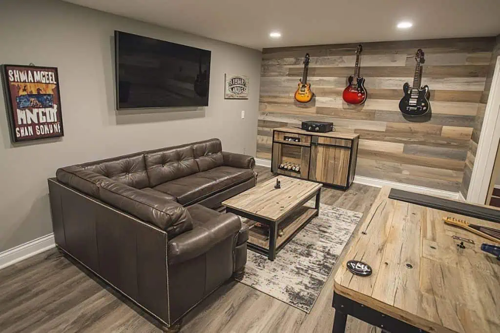 A music-inspired man cave with a rustic aesthetic, featuring a brown leather sofa, a large flat-screen TV, and three electric guitars mounted on a wooden accent wall. A turntable and sound system complete the cozy yet stylish setup.