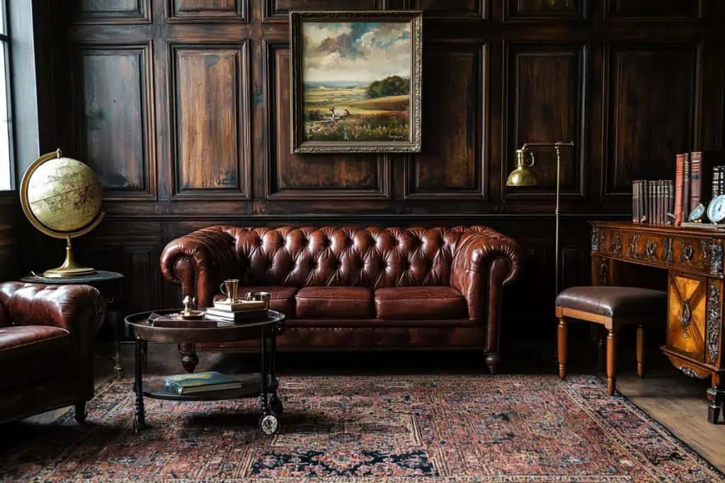 A sophisticated man cave with dark wood-paneled walls, a brown leather Chesterfield sofa, and a globe on a side table. A vintage painting hangs above the couch, creating an old-world charm.
