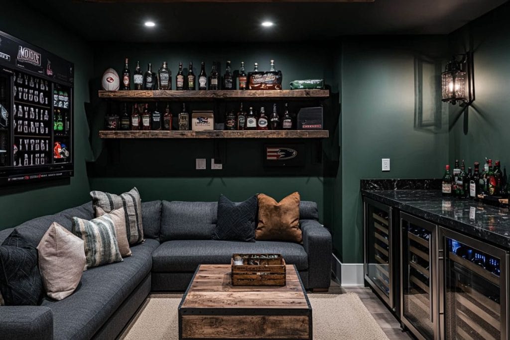 A modern man cave with dark green walls, a cozy gray sectional sofa, and rustic wooden shelves displaying a collection of whiskey bottles. A sleek black marble bar with built-in wine coolers completes the space.