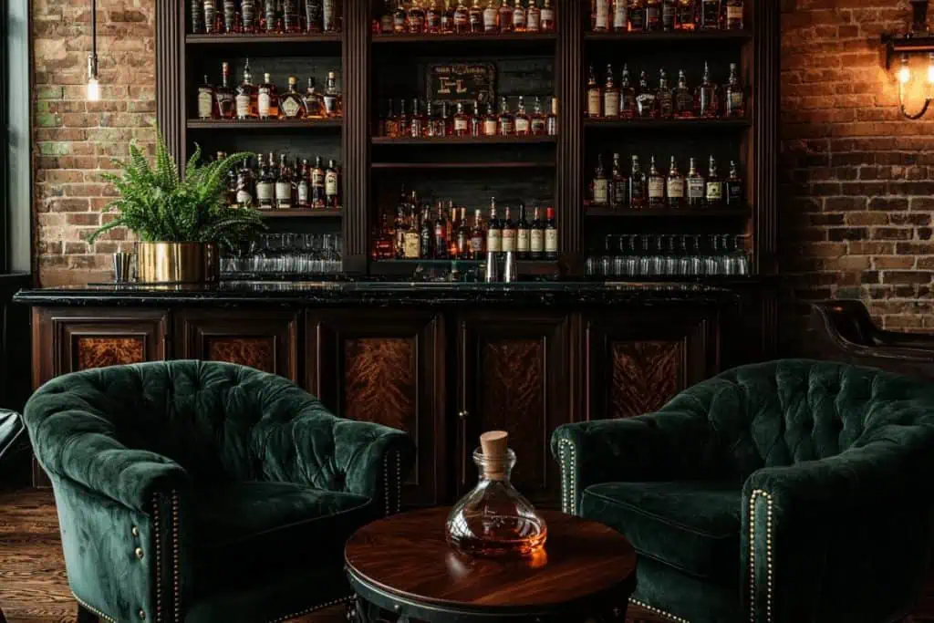 A whiskey lover’s man cave with a dark wood bar, shelves filled with premium liquor, and two plush green velvet chairs. A decanter of whiskey sits on the wooden table, adding to the sophisticated lounge atmosphere.