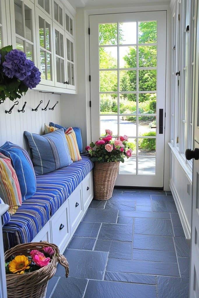 A cozy mudroom with a built-in bench featuring blue striped cushions and colorful pillows, surrounded by white cabinetry and hooks on the wall. A large glass door opens to a lush outdoor garden with sunlight streaming in. A basket with flowers adds charm to the slate-tiled floor.