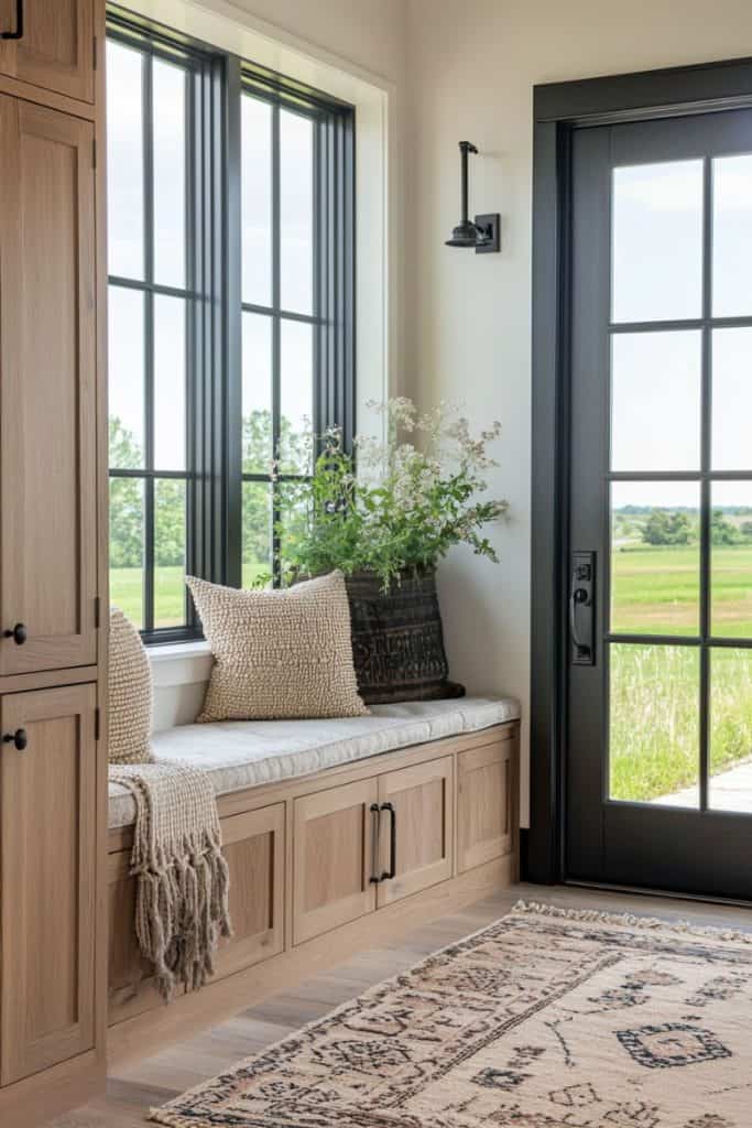 A serene mudroom with light wood cabinetry, a built-in bench with textured cushions, and a soft patterned rug. The decor includes a woven blanket, a black vase with wildflowers, and a large glass door offering a picturesque view of a grassy field. The design exudes a natural, peaceful charm.