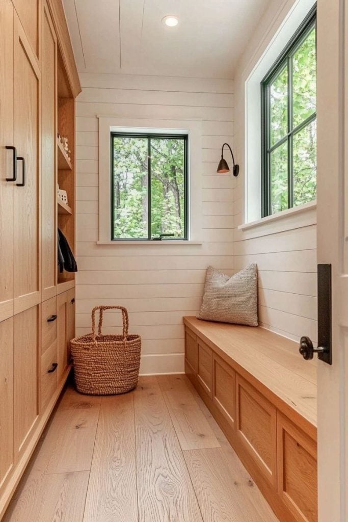A minimalist mudroom with a natural wood bench, a woven basket placed on the floor, and a textured beige pillow for decor. The room features white shiplap walls, a black window frame, and a warm, neutral-toned wood floor that adds an earthy vibe. A small black sconce is mounted on the wall.