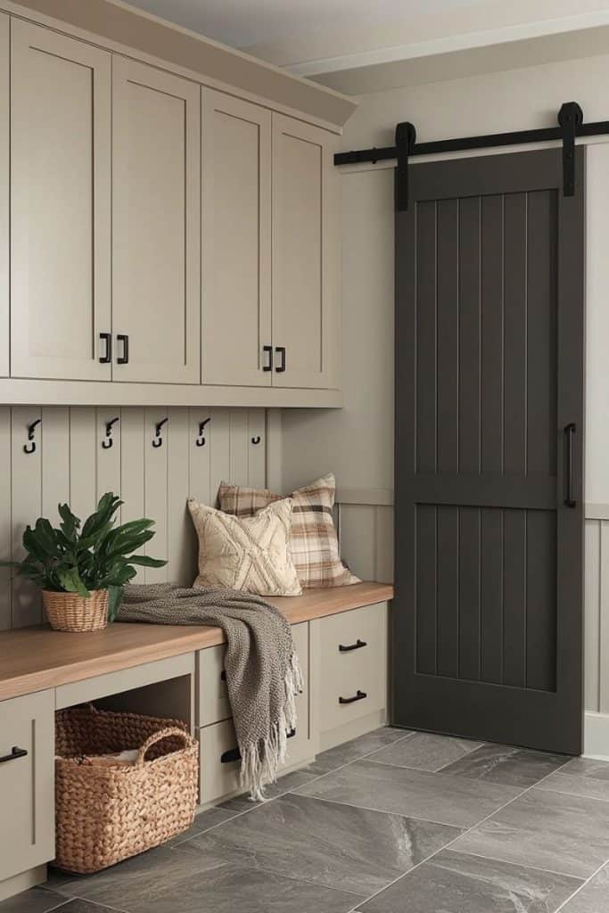 A modern mudroom with sage green built-in cabinets, a wooden bench adorned with patterned pillows, and a plaid throw. A sliding barn door in a deep charcoal hue complements the neutral decor. A woven basket and a small plant add texture to the tiled flooring.