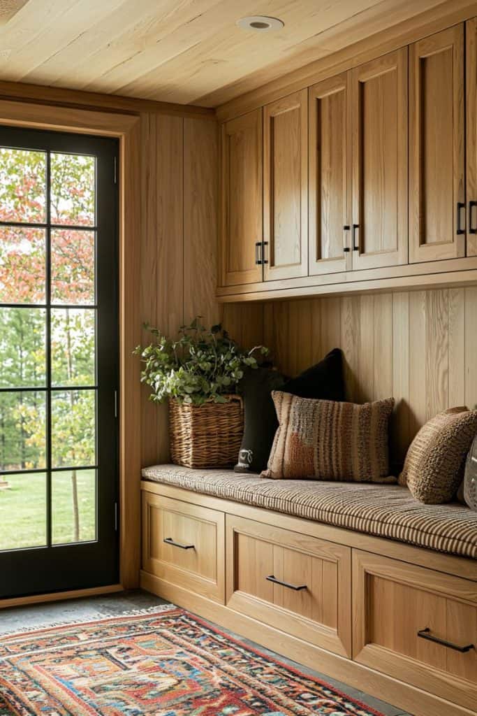 A rustic mudroom with natural wood cabinets, a built-in bench with a textured cushion, and earthy-toned pillows. A colorful patterned rug adds warmth, while a large black-framed glass door provides a view of the outdoors. A woven basket with greenery enhances the cozy, nature-inspired design.