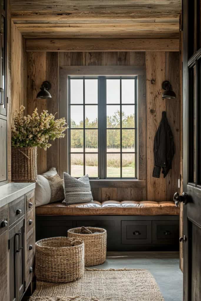 A mudroom with reclaimed wood paneling, a cushioned leather bench, and black cabinetry below. The space features a large window with a pastoral outdoor view, wicker baskets for storage, and a vase of fresh flowers. Industrial-style wall sconces add a functional yet rustic touch.