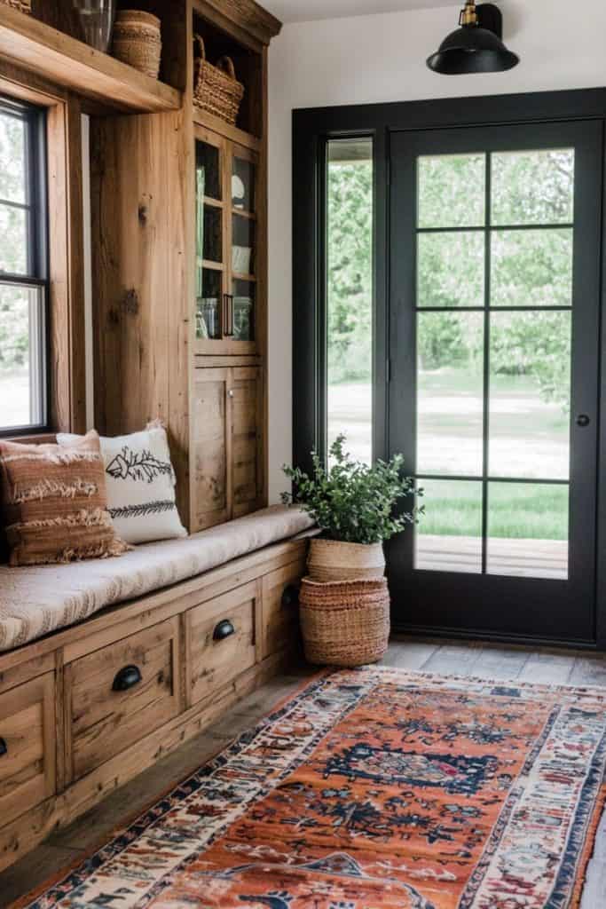 A charming mudroom with natural wood cabinetry, a built-in bench topped with a textured cushion, and an orange-patterned rug. The room includes a black-framed glass door opening to greenery outside and a woven basket holding a plant. Decorative pillows add a cozy touch to the rustic aesthetic.