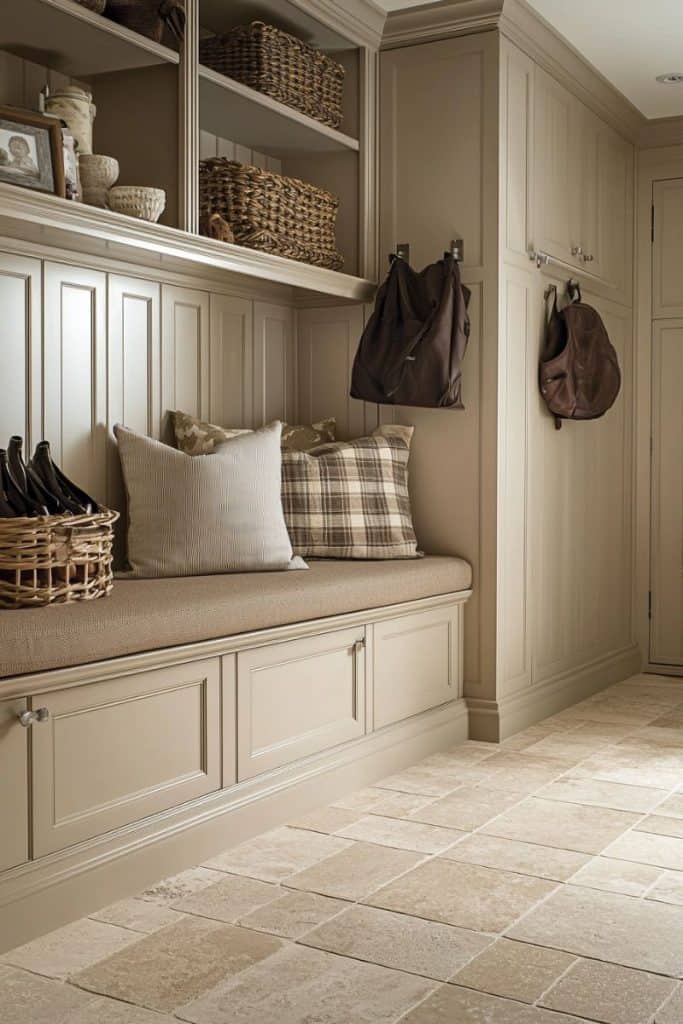 A neutral-toned mudroom with built-in cabinetry, a cushioned bench adorned with plaid and striped pillows, and wicker baskets for storage. Beige walls with paneling and hooks for hanging bags add practicality. The soft, tiled floor complements the earthy tones and cozy vibe.
