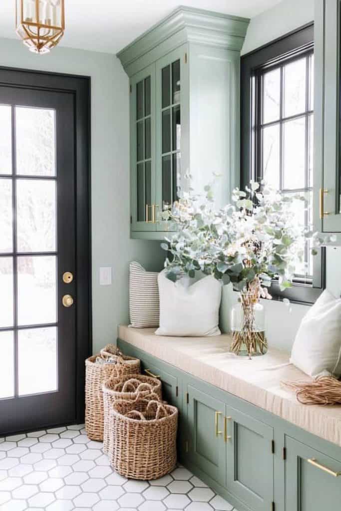 A fresh and airy mudroom featuring sage green cabinetry, a beige cushioned bench, and a large black-framed glass door letting in natural light. The decor includes wicker baskets, a glass vase with eucalyptus stems, and striped throw pillows for a soft, inviting atmosphere. The hexagonal tile flooring adds a touch of elegance.
