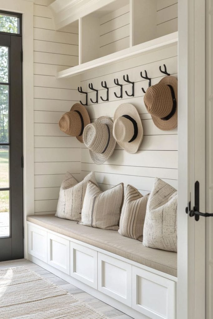 A bright and inviting mudroom with white built-in cabinetry, a cushioned bench featuring striped pillows, and black metal hooks for hats and coats. A collection of straw hats decorates the hooks, while the light wood floor and black-framed glass door create a warm, modern farmhouse aesthetic.