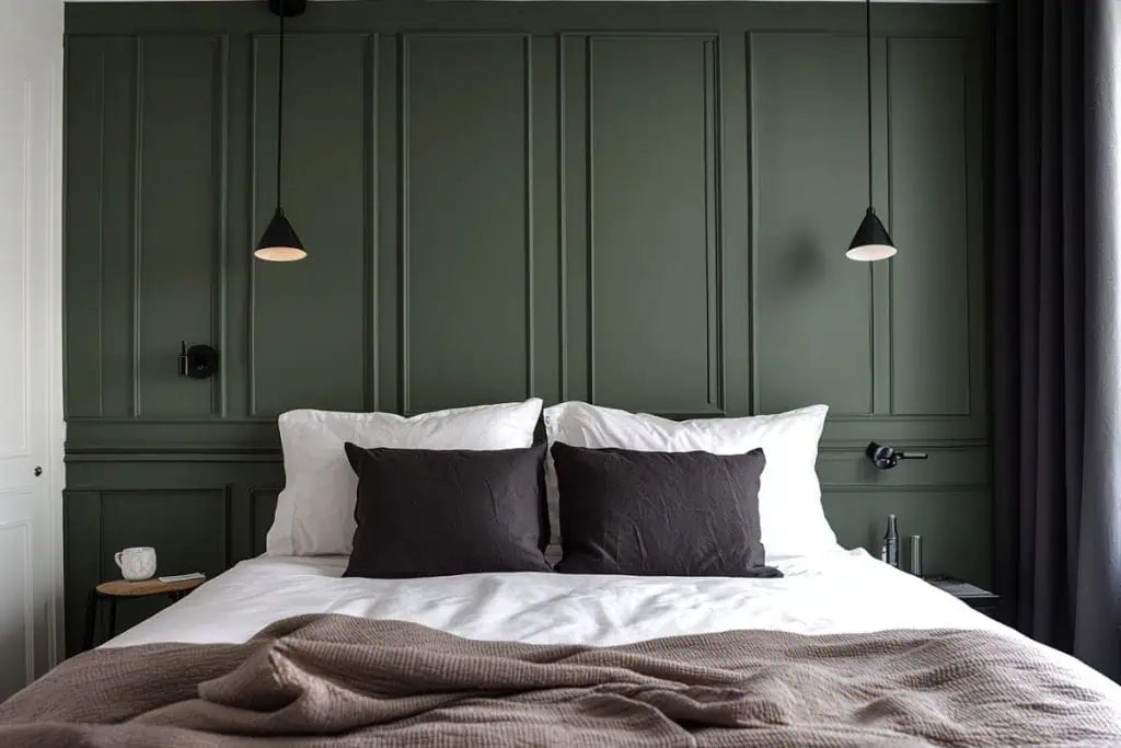 A stylish bedroom with a dark green paneled accent wall, black pendant lights, and a simple white bed with black pillows. The design is sleek and minimalist, with a warm beige throw adding contrast.