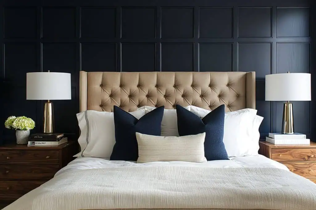 A sophisticated bedroom with a tufted beige headboard against a navy blue paneled accent wall. The bed is styled with white and navy blue pillows, and two elegant gold and white lamps sit on wooden nightstands.