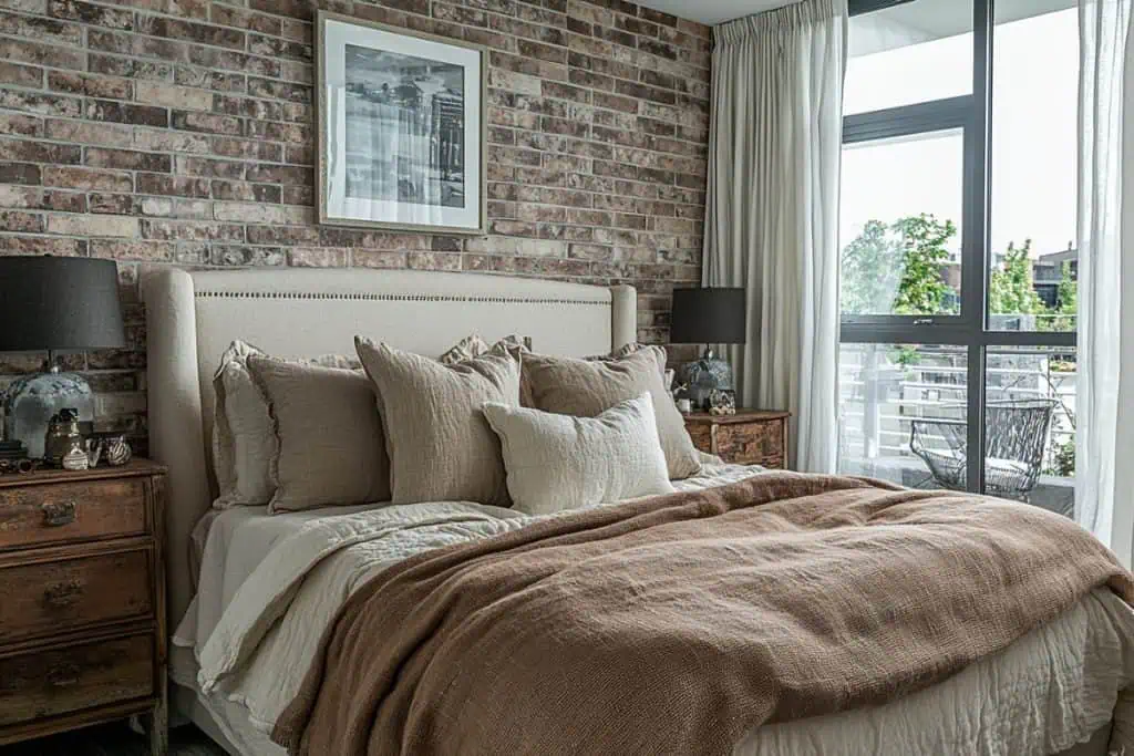 A loft-style bedroom with an exposed brick wall, a beige upholstered headboard, and warm brown bedding. Vintage-inspired decor, including a framed black-and-white photograph and rustic nightstands, complete the inviting space.