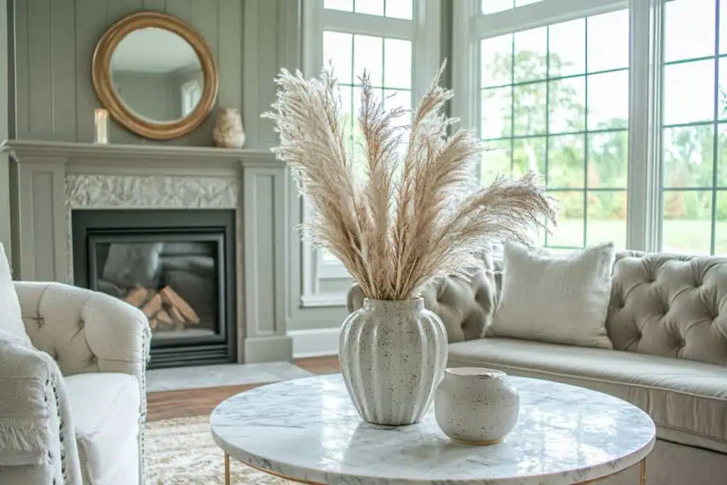A bright, airy living room with a sage green fireplace mantel and a round mirror above it. A marble coffee table sits in the center, decorated with a ceramic vase filled with pampas grass, complementing the soft neutral furniture and large windows that let in natural light.