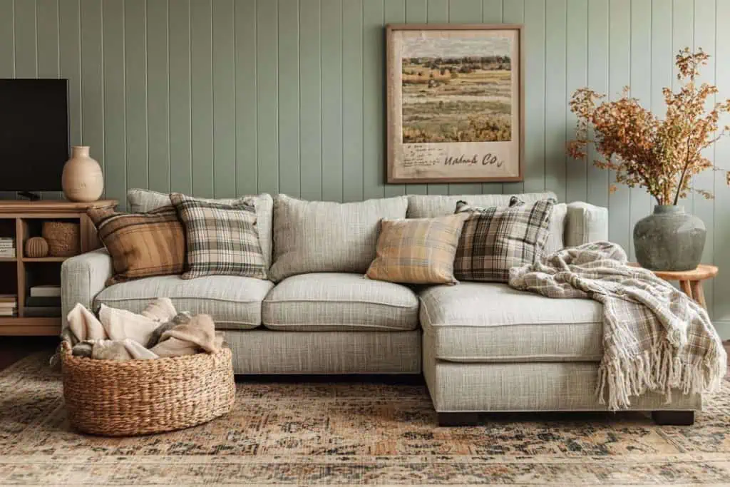 A modern farmhouse-style living room with a light gray sectional sofa decorated with plaid and textured throw pillows. The sage green wall serves as a backdrop for a framed landscape painting, while a woven basket filled with blankets adds warmth to the space.