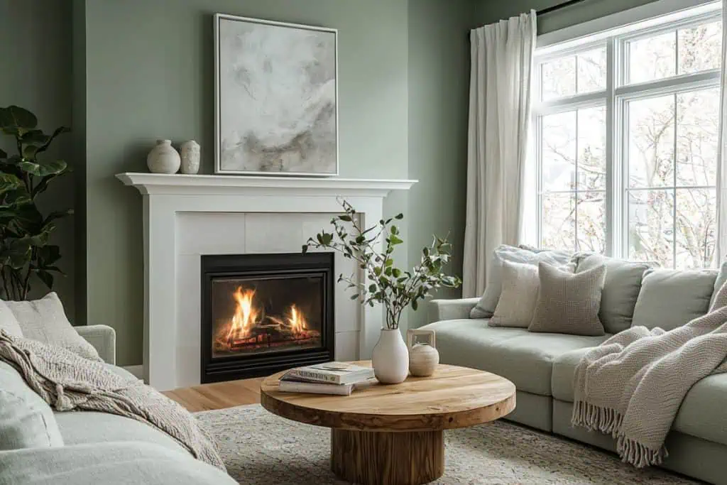 A serene living room with a soft sage green wall and a white fireplace, where flames flicker warmly. A wooden round coffee table with books and a ceramic vase sits in front of a neutral-colored sectional sofa, draped with a cozy throw blanket.