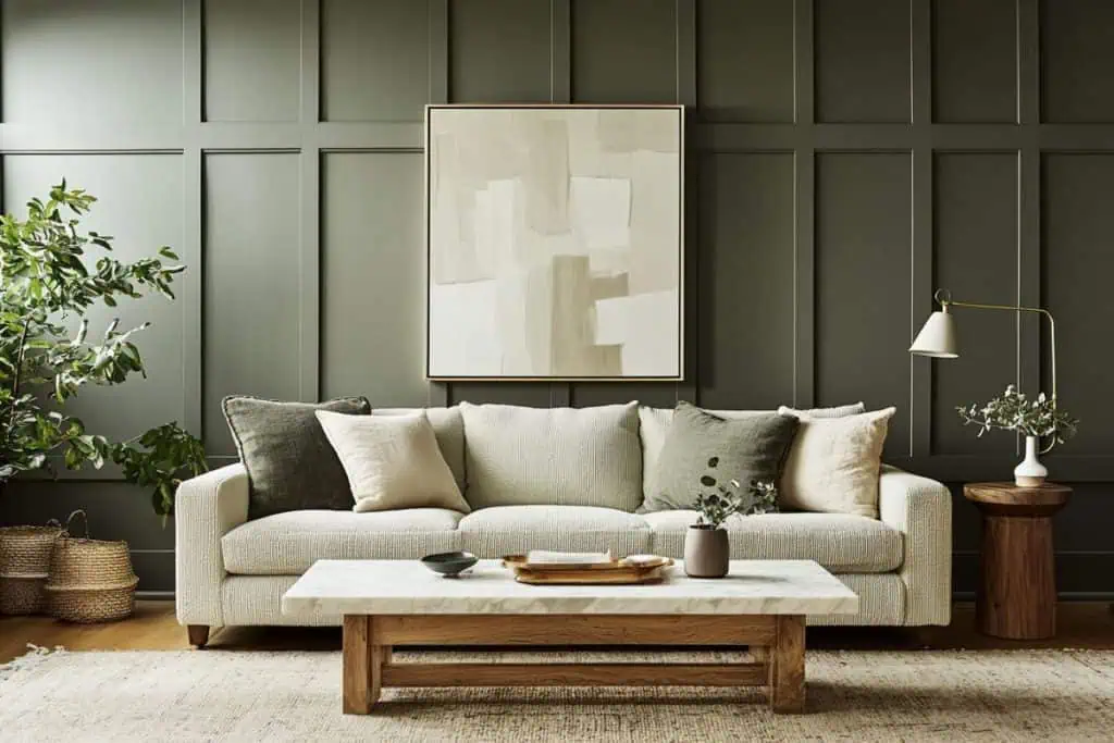A cozy living room with a modern farmhouse aesthetic, featuring a sage green paneled wall. A light-colored sofa with neutral throw pillows sits under an abstract painting, while a wooden coffee table with marble top adds a clean, organic touch.