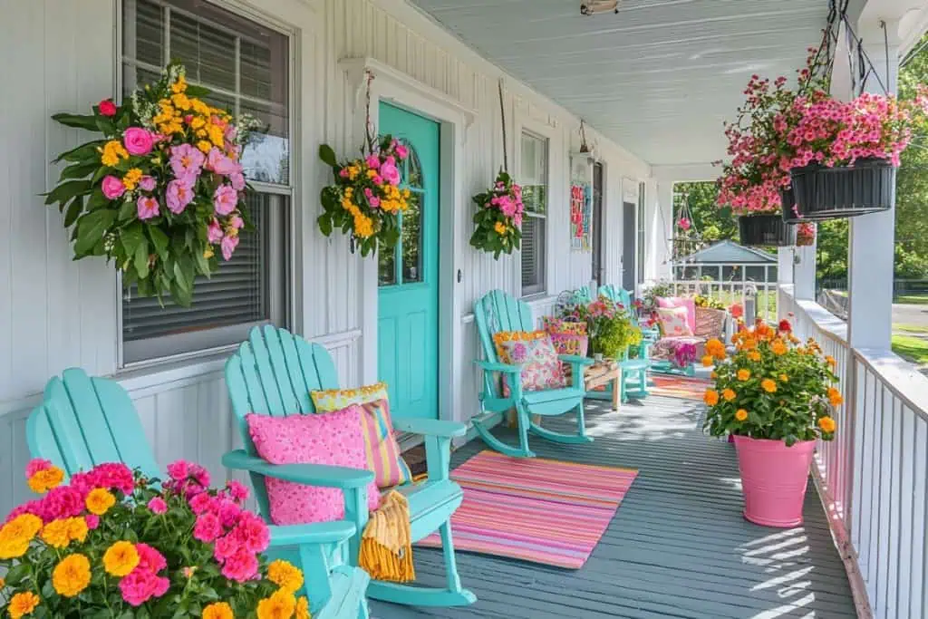 A bright and cheerful spring porch decor setup featuring turquoise Adirondack chairs with floral cushions, a striped rug, and colorful potted flowers. Hanging baskets filled with pink and yellow blooms complement the fresh, vibrant look. A turquoise front door adds a bold spring touch.