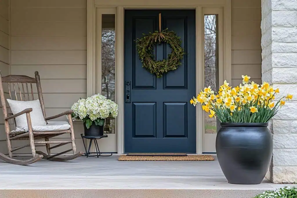 A stylish spring porch decor setup with a navy blue door, a green wreath, and blooming daffodils in a black planter. A wooden rocking chair with a neutral cushion sits next to a potted hydrangea, creating a serene seasonal ambiance.