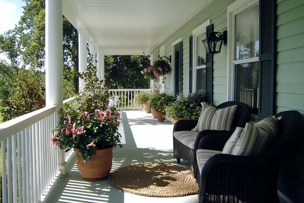 A charming spring porch decor scene featuring a Southern-style porch with green siding and white railings. Wicker chairs with striped cushions are surrounded by potted plants, pink flowers, and hanging baskets. Lush greenery completes the cozy outdoor retreat.